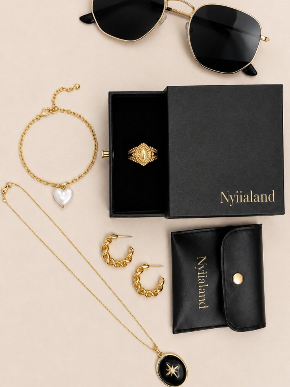 Nylialand Gold Jewelry Set | Starburst Necklace, Heart Bracelet & Sunnies
